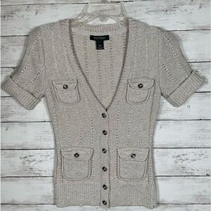 White House Black Market Silver Metallic Ecru Shimmer Sweater Jacket XXS 4/6